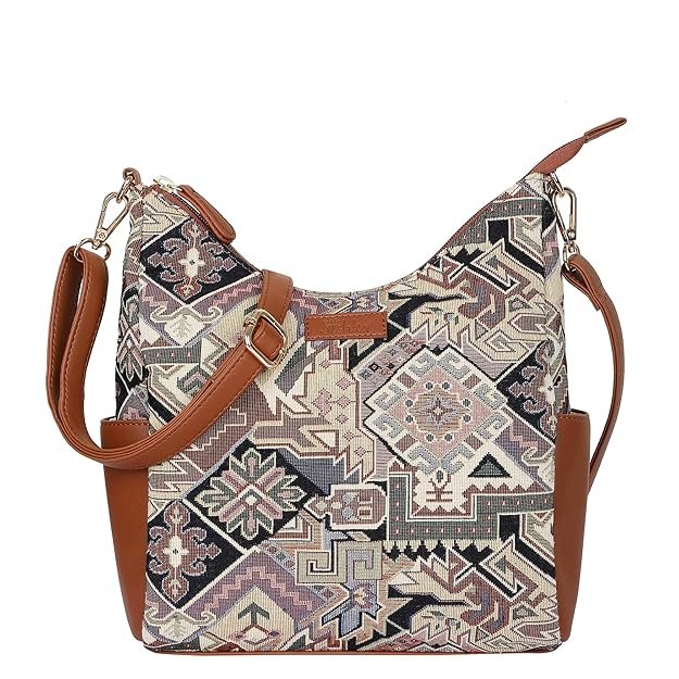 Women's Tapestry Hobo Crossbody Bag Vegan Leather-Trimmed Shoulder Sling Purse